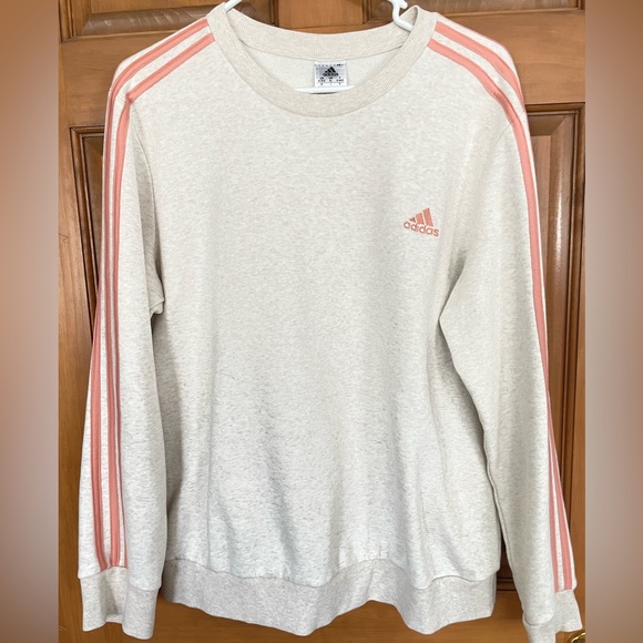 adidas Tops - Women’s Adidas Essential 3-Stripe Fleece Sweatshirt Cream with Coral Stripes XL